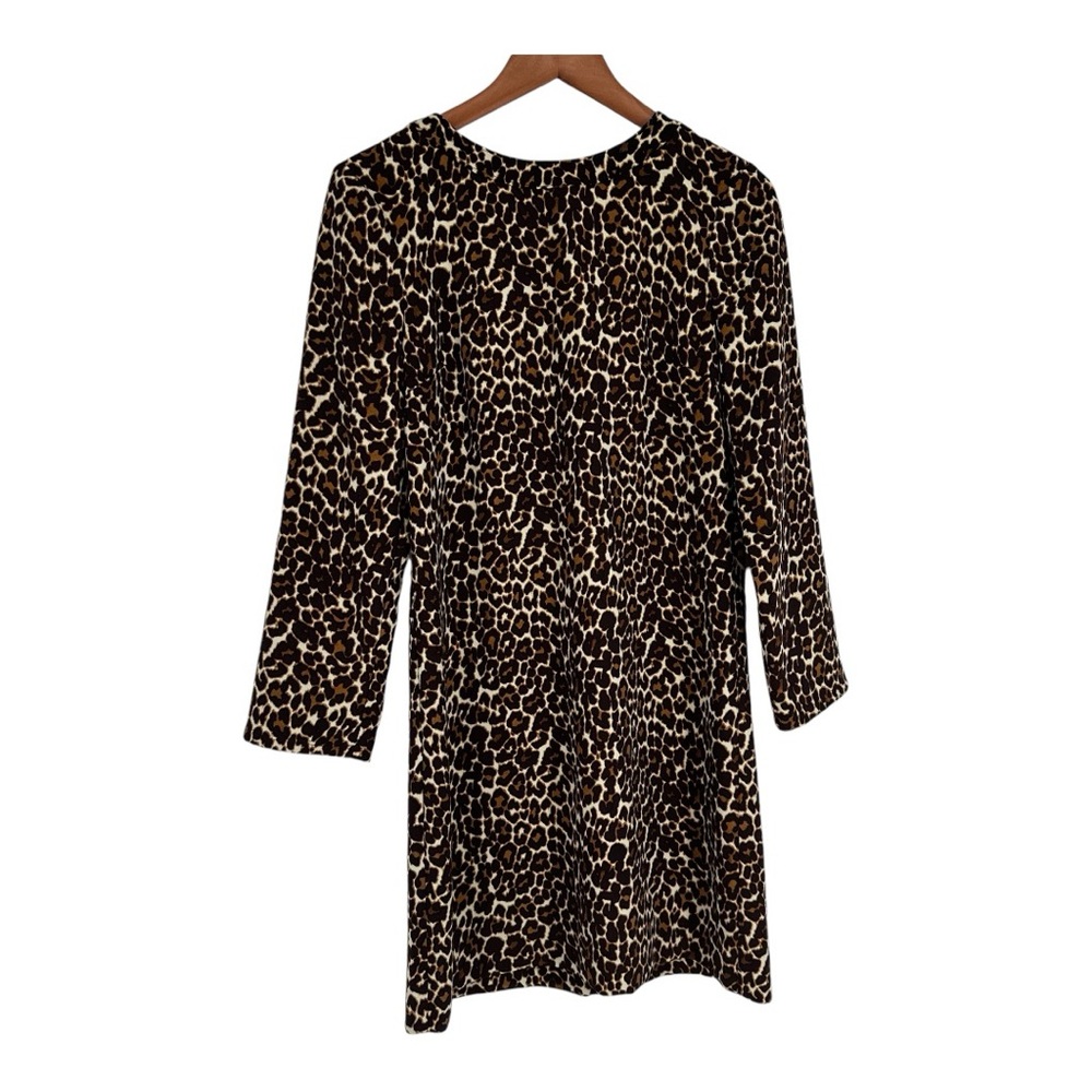J. Crew Leopard Print Brown Cream Tan Black Long Sleeve Shift Dress SZ 2